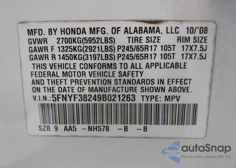 2009 Honda Pilot Lx from USA, damaged, VIN 5FNYF38249B021263